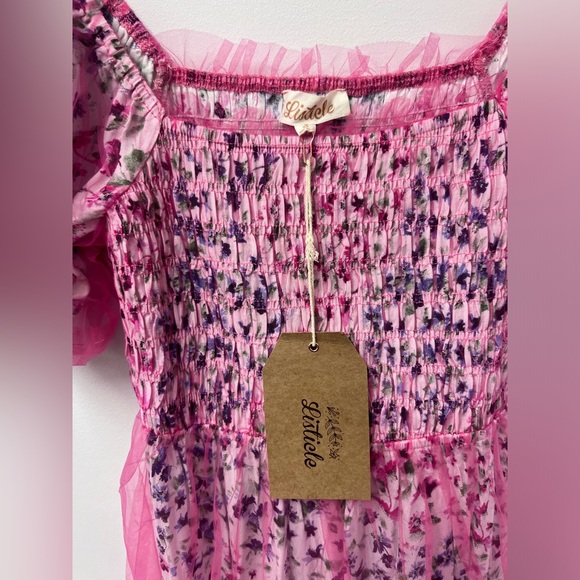 Bright Pink Tulle Midi dress with floral underlay. Smocked bodice - Picture 2 of 3